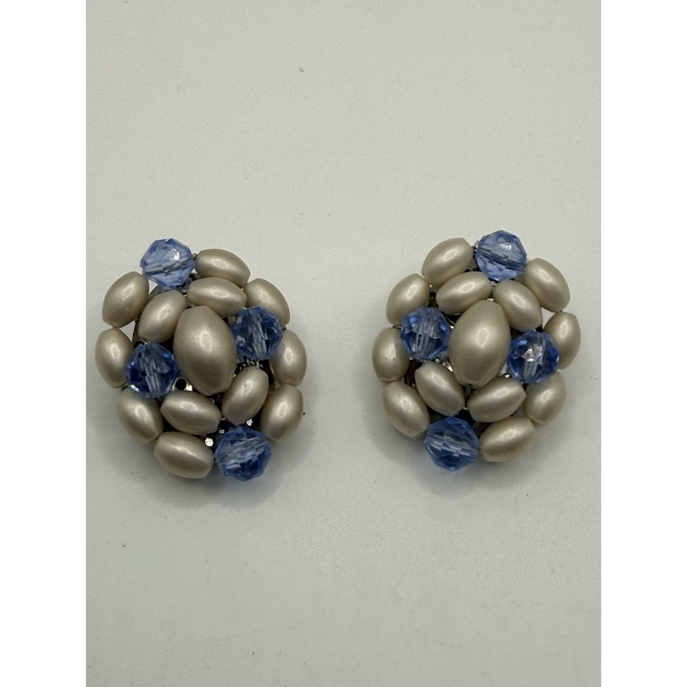 Vintage West Germany Clip On Earrings Faux Pearl Blue Rhinestone Silver Tone